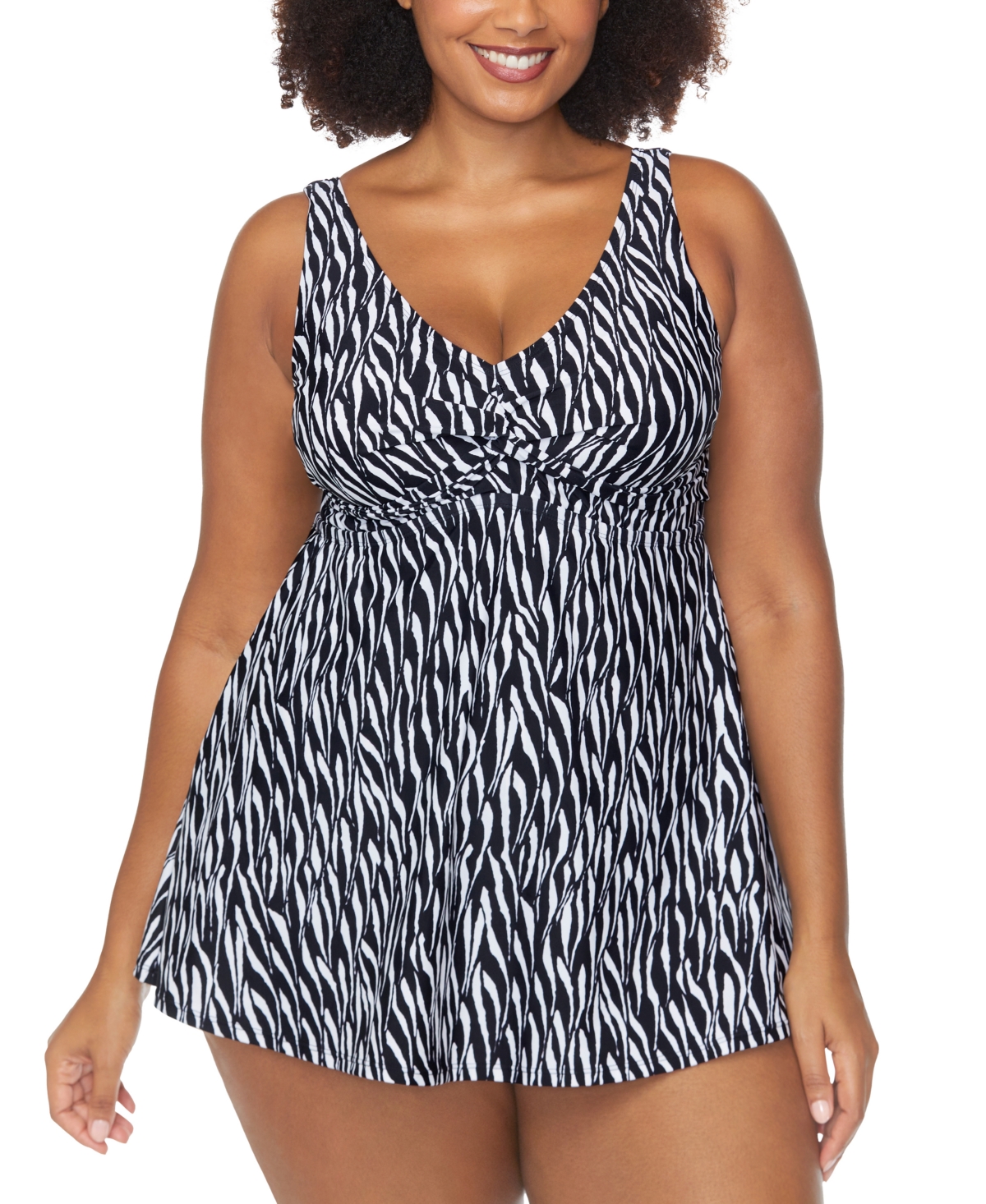 Shop Raisins Curve Trendy Plus Size Lucia Printed Twist-front Swimdress In Black,white