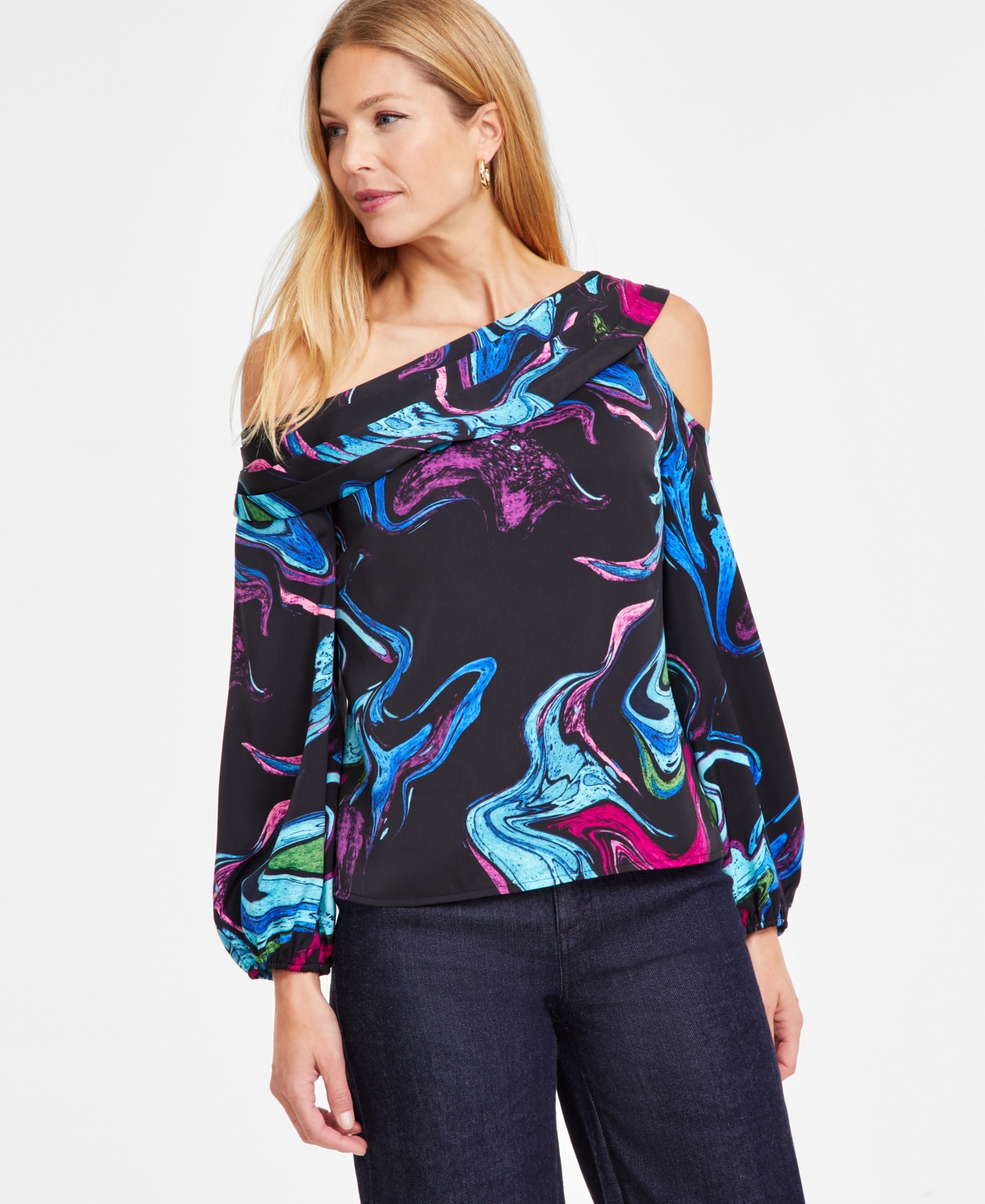 Inc International Concepts Women's Printed Asymmetrical One-shoulder Top, Exclusively At Macy's In Meara Marb