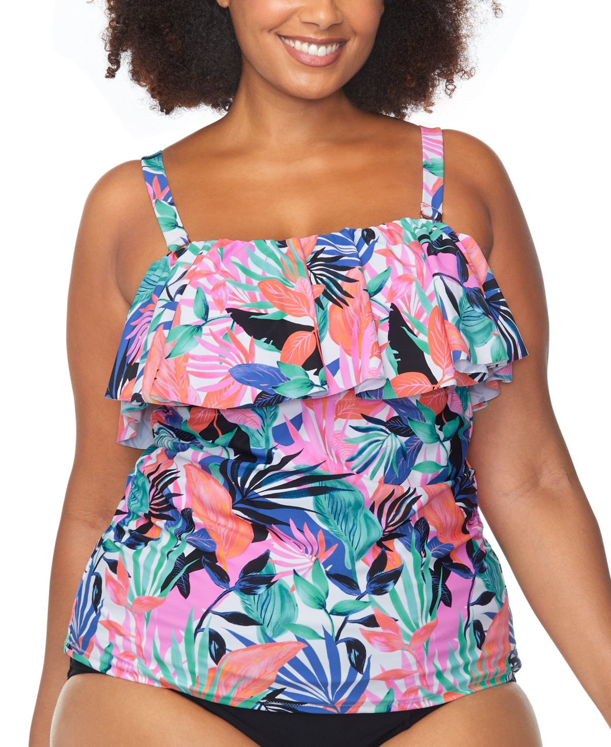 Trendy Plus Size Sella Ruffled Tankini Top - White Multi