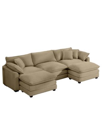 Oversized Modular Cushion Sofa, Portable Ottoman, L-Shaped Corner Low Back Deep Seating Spacious Sofa Set and Sofa Bed for Home Apartment Living Room Set, Tan Corduroy