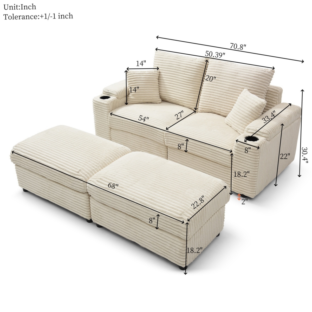 Streamdale Furniture Loveseat with Ottomans,Corduroy Fabric Modular Sectional Sofa,Comfy Deep Plush Couch with Ottomans and Two Pillows,for Small Spac