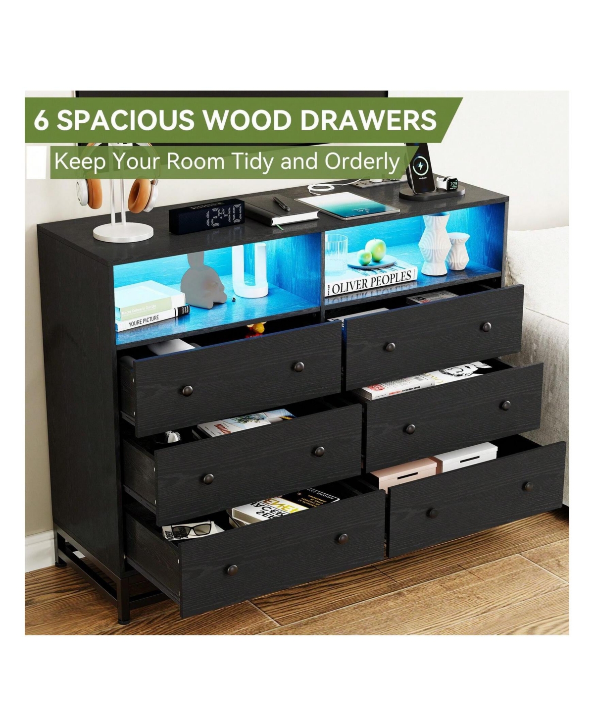 gaomon 6 Drawer Double Dresser Tv Stand, Bedroom Dresser With Power Outlet & Led Light, Wood Dresser For Room, Hallway, 47.2''W 15.8''D 36.2''H - Blac