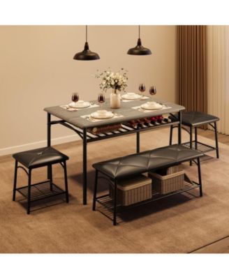 Dining Table with Benches, Kitchen Table Set for 4, Dining Room Table Set with Upholstered Bench and Square Stools, Metal and Wood Dining Table Set for 4 with Storage for Small Space-Vintage