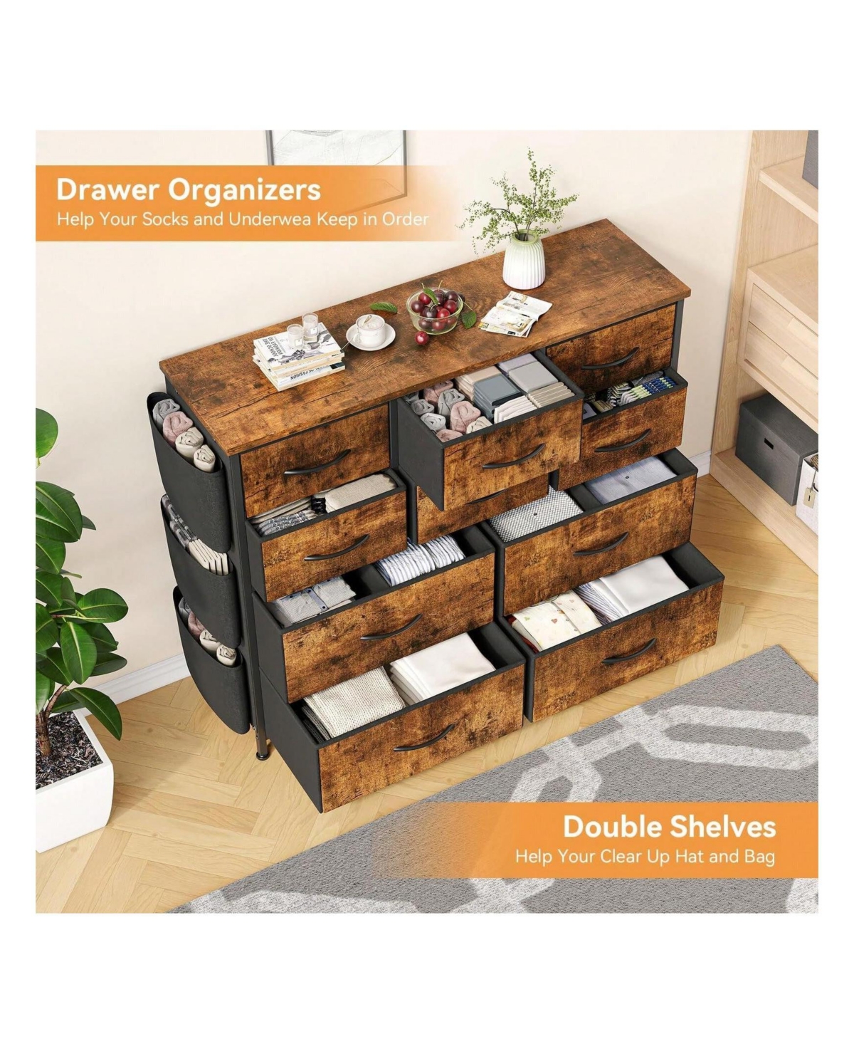 gaomon Dresser For Bedroom, 10 Drawers Fabric Storage Drawer, Dressers & Chest Of Drawers With Side Pockets, Hooks, Wood Tabletop For Closet, Living R
