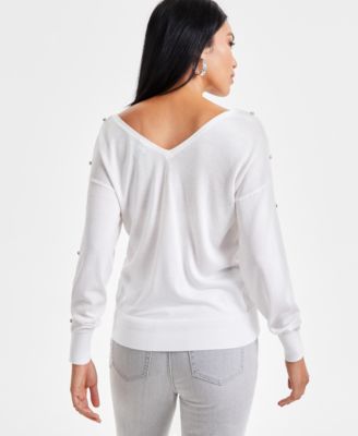 Женский топ I.N.C. International Concepts с двойным V-образным вырезом и рукавами, украшенными стразами, эксклюзивно от Macy's