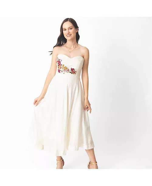 women's fit and flare midi dress with hand emboidered torso