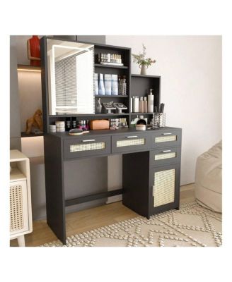 Makeup Vanity With Lights In 3 Colors And Openable Mirror, Vanity Desk With 4 Drawers, 1 Cabinets And Shelves, Vanity Table Rattan Vanity Dresser For Bedroom