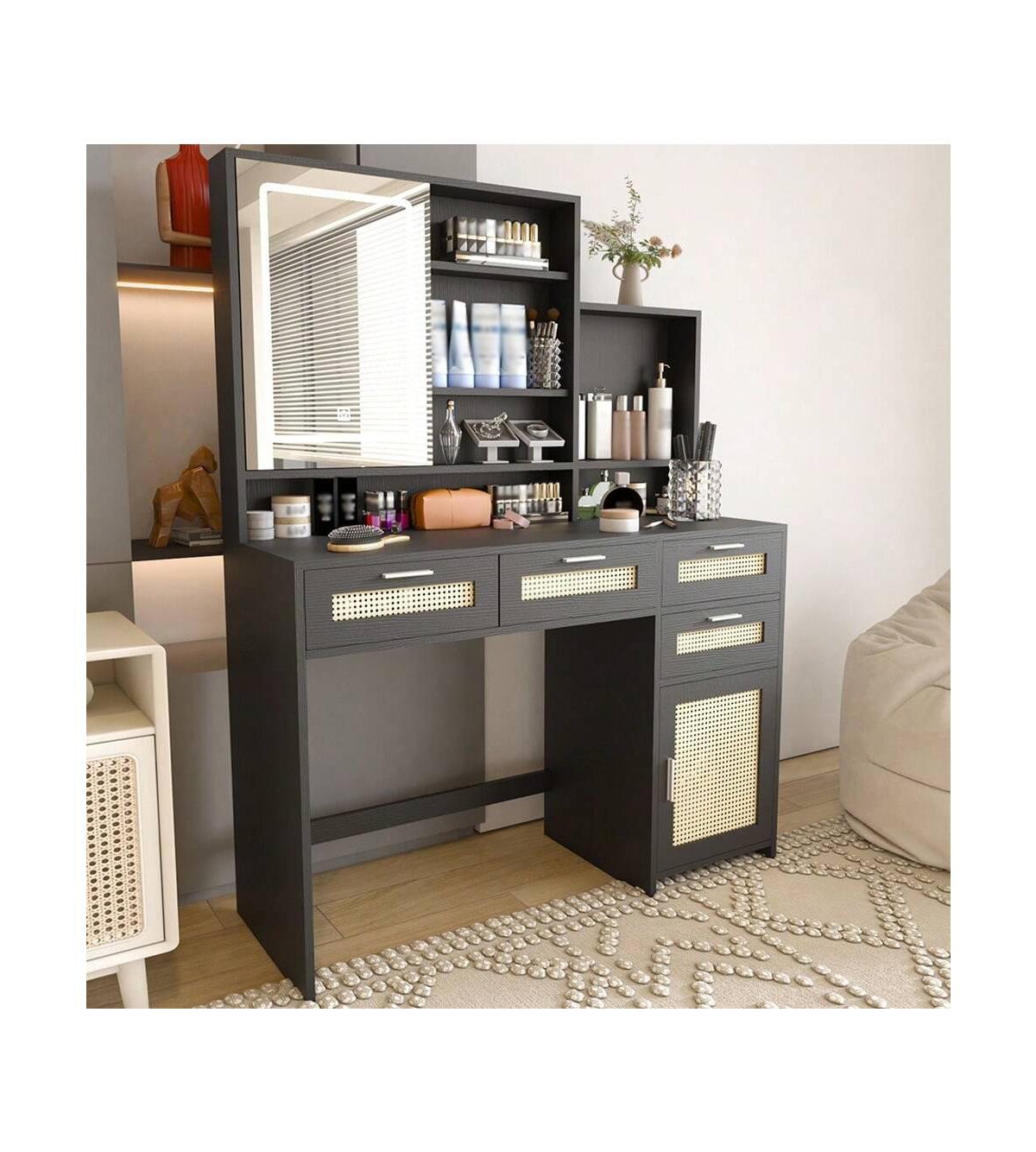 gaomon Makeup Vanity With Lights 3 Colors And Openable Mirror, Desk 4 Drawers, 1 Cabinets Shelves, Table Rattan Dress