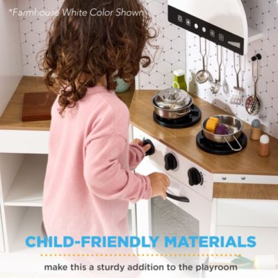 Pretend Play Corner Kitchen, Interactive Wooden Kids Set w/ Lights and Sounds