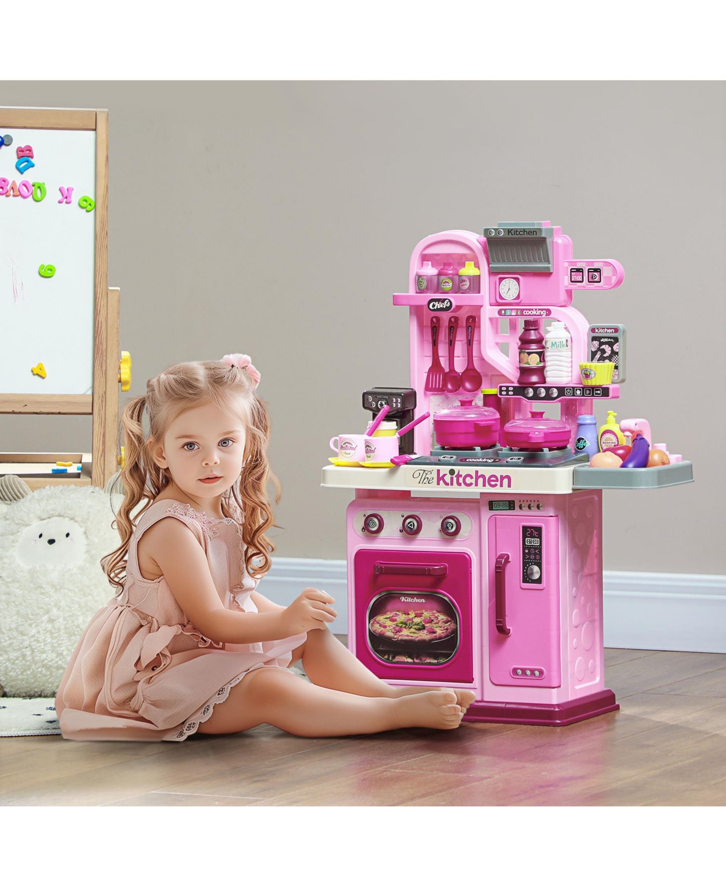 Детская игрушка Qaba Kids Play Kitchen with Lights, Sounds, 33 Accessories, Storage, цвет: Розовый — фото 2