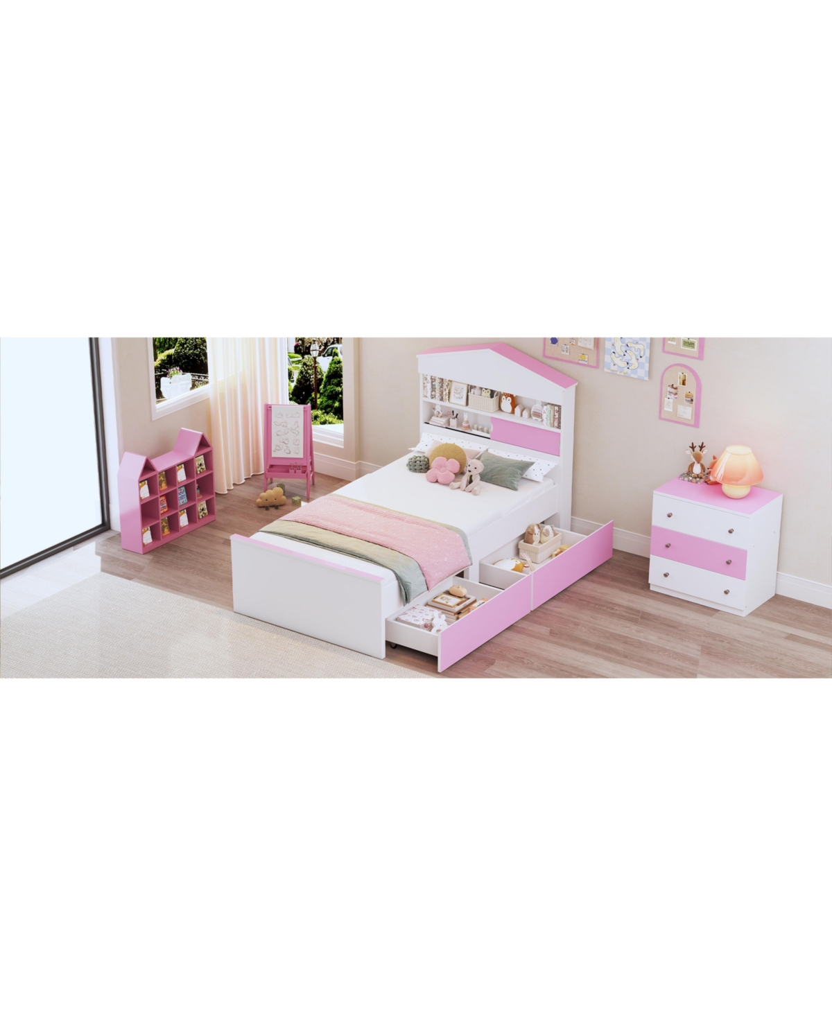 Streamdale Furniture Twin Size House-Shaped Wooden Bed with Storage Shelf on the Headboard, Built-in Two Storage Drawers, Pink - Pink+white