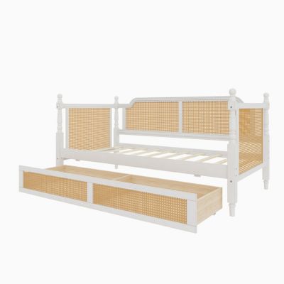 Traditional Style Rattan Twin Size Daybed with 2 Drawers for Limited Space, Guest Room, No Box Spring Needed