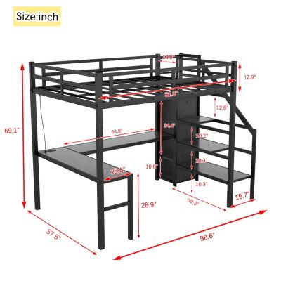 Streamdale Full XL Loft Bed with L-Shaped Desk, Wardrobe, and LED