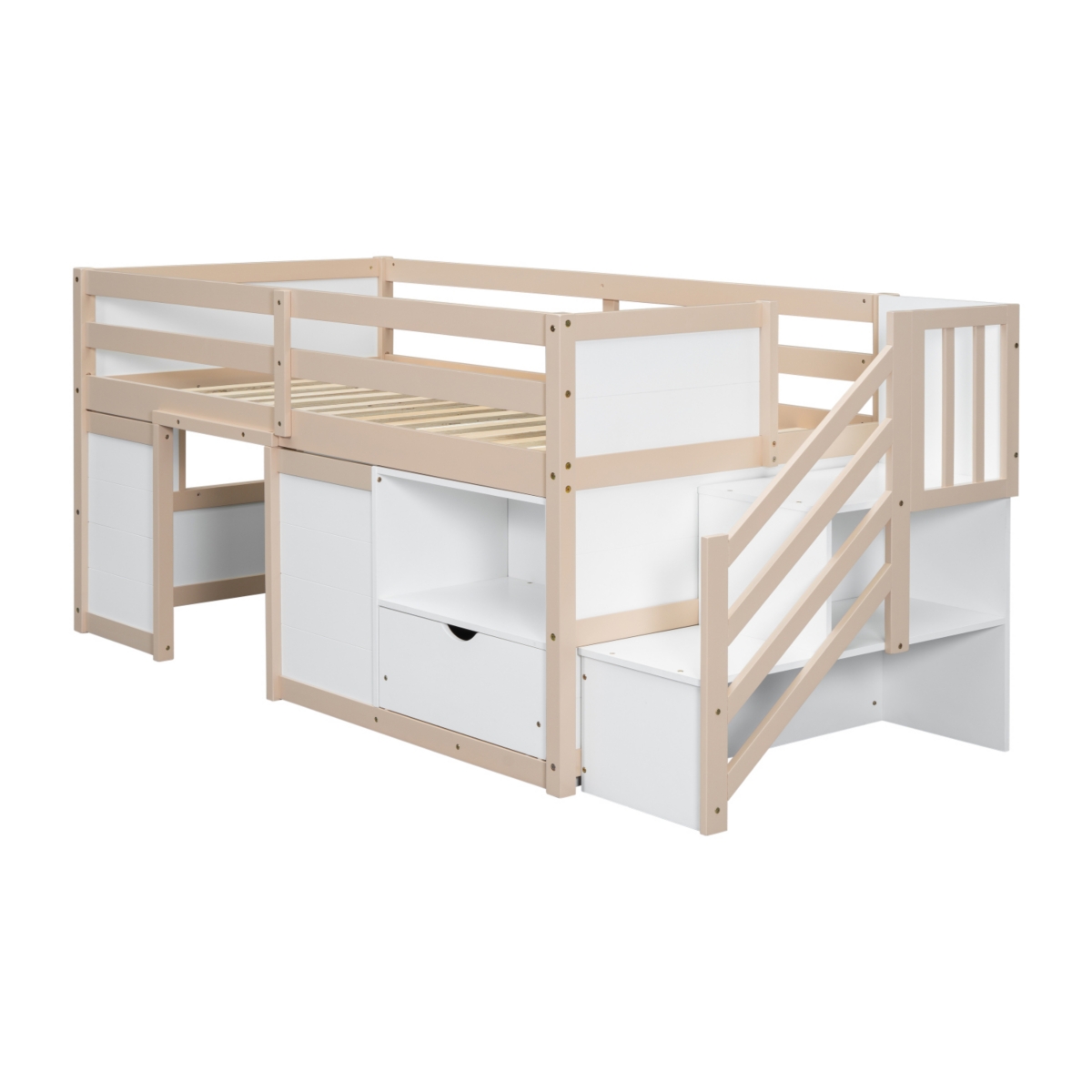 Streamdale Furniture Solid Wood Twin Size Low Loft Bed With Stair, Drawer, And Shelf For+ White Color - Cream,white