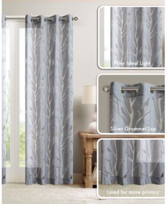 Averil Grommet Top Sheer Window Curtain, grey sheer curtains 95 inches long Single Curtain, Width 50 Bird on Branches Burnout curtains sheer