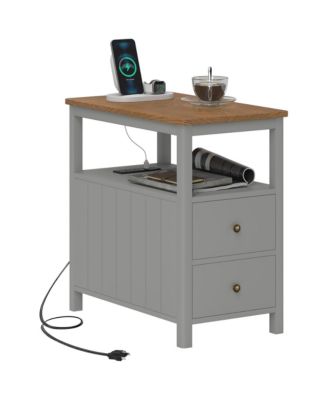 Narrow End Table with Charging Station, USB Ports, Drawers,