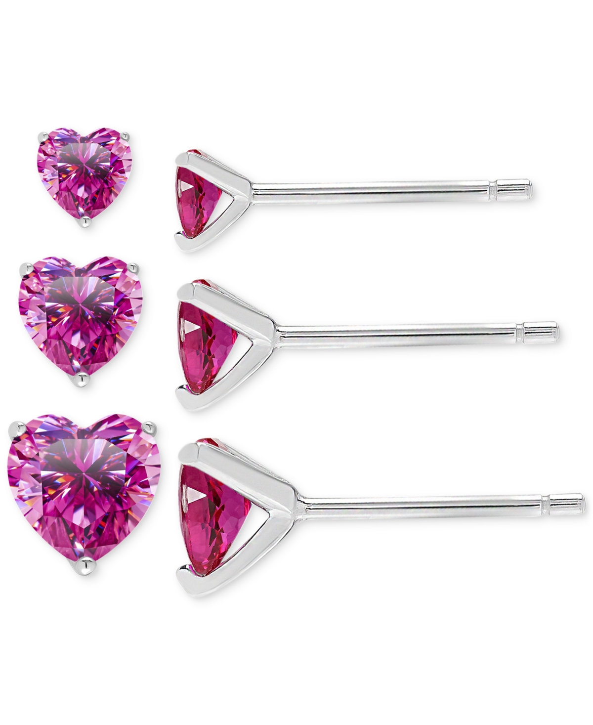 Macy's 3-pc. Set Lab Grown Pink Sapphire Heart Stud Earrings (2-1/5 Ct. T.w.) In Sterling Silver In Silver