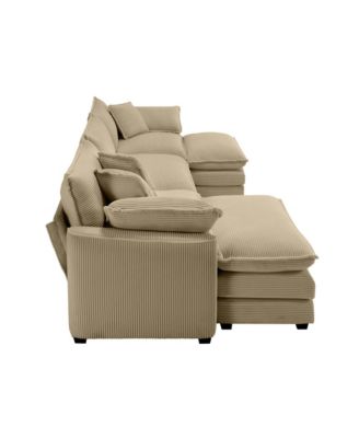 Corduroy Sofa, Modern Upholstered 4 Seater with 3 Footstools Corduroy Fabric Sofa, Office Living Room Apartment Comfortable Sofa, Easy to Assemble with 2 Arm Pillows and 4 Throw Pillows