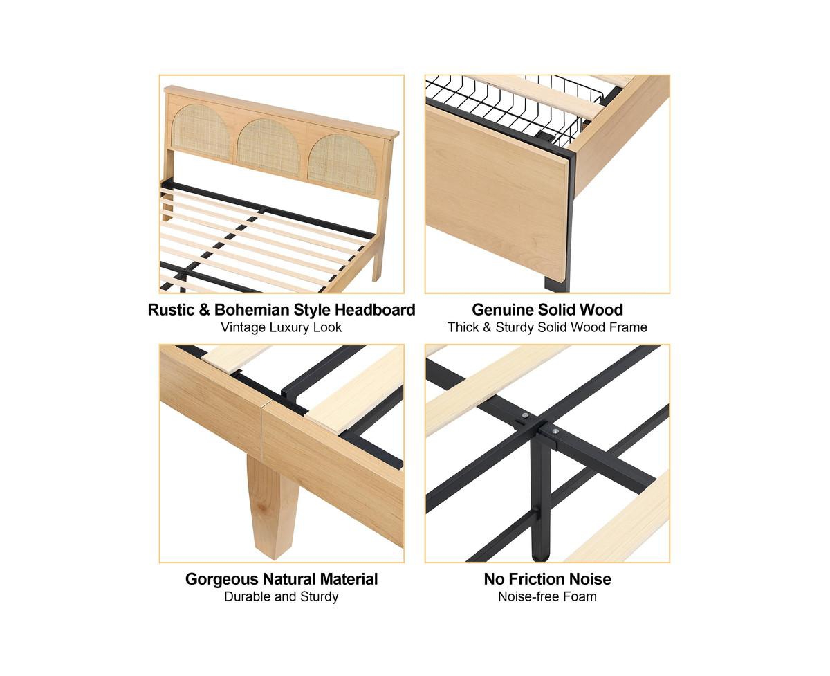 gaomon Rattan Size Bed Frame with Natural Rattan Headboard and Storage Drawers, Bed Frame with Led Strips and Strong Woode Slats Support, Be