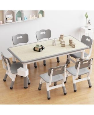 Kids Table and 6 Chairs Set with Storage Box, Height Adjustable Toddler Table and Chair Set for Ages 2-10, Graffiti Desktop, Non-Slip Legs, Children Activity Table for Daycare Classroom Home
