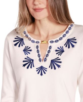 Women's Black Label Embroidered Split-Neck Sweater