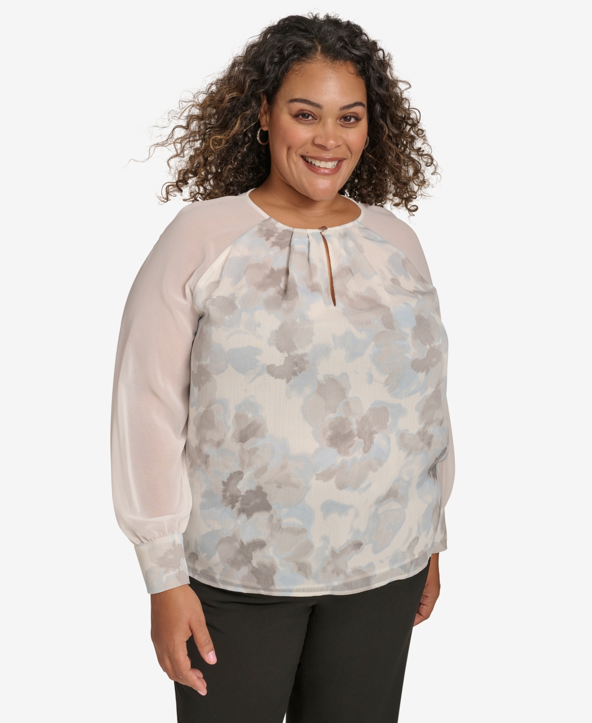 Calvin Klein Plus Size Printed Long-sleeve Blouse In Cream Multi