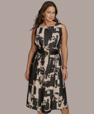 Donna Karan New York Plus Size Printed Belted A-Line Dress