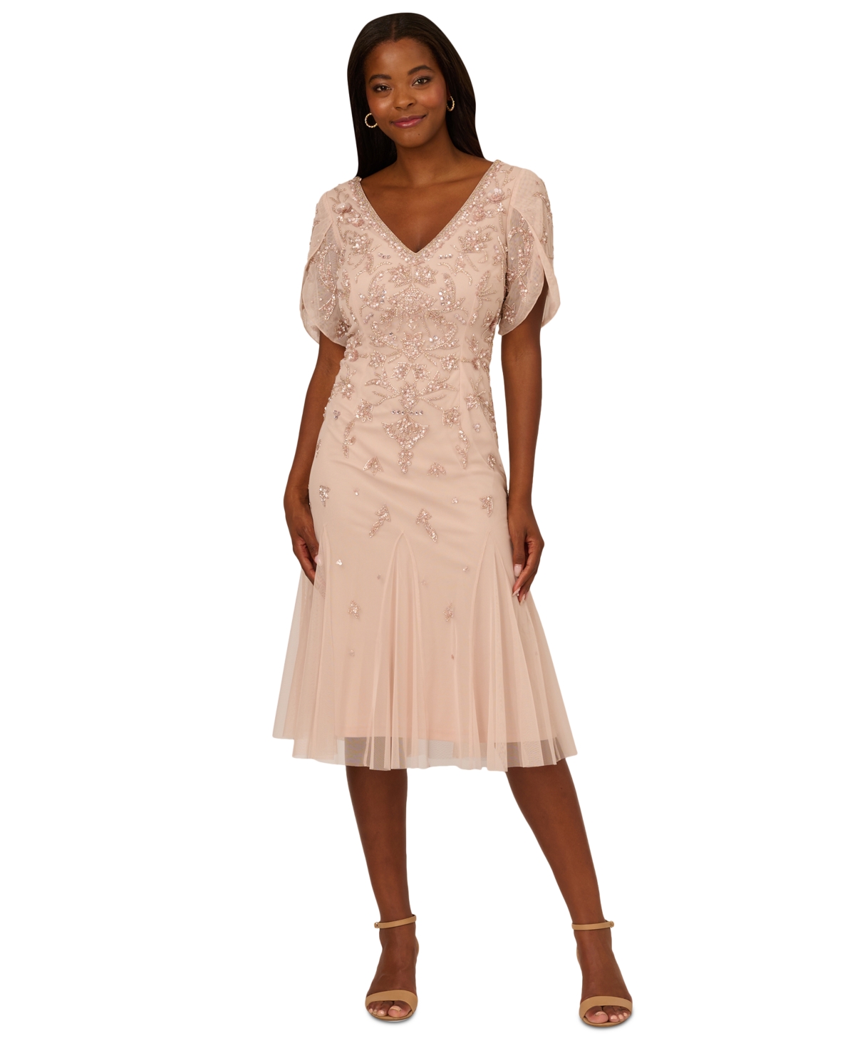 ADRIANNA PAPELL WOMEN'S BEADED MESH GODET MIDI DRESS