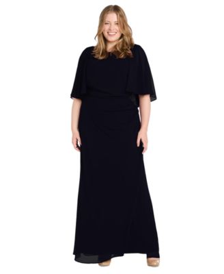 R & M Richards - Plus Size Cape-Sleeve Embellished-Waist Gown