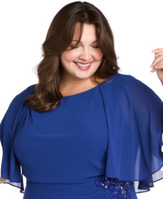 Plus Size Cape-Sleeve Embellished-Waist Gown