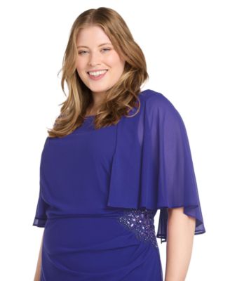 Plus Size Cape-Sleeve Embellished-Waist Gown