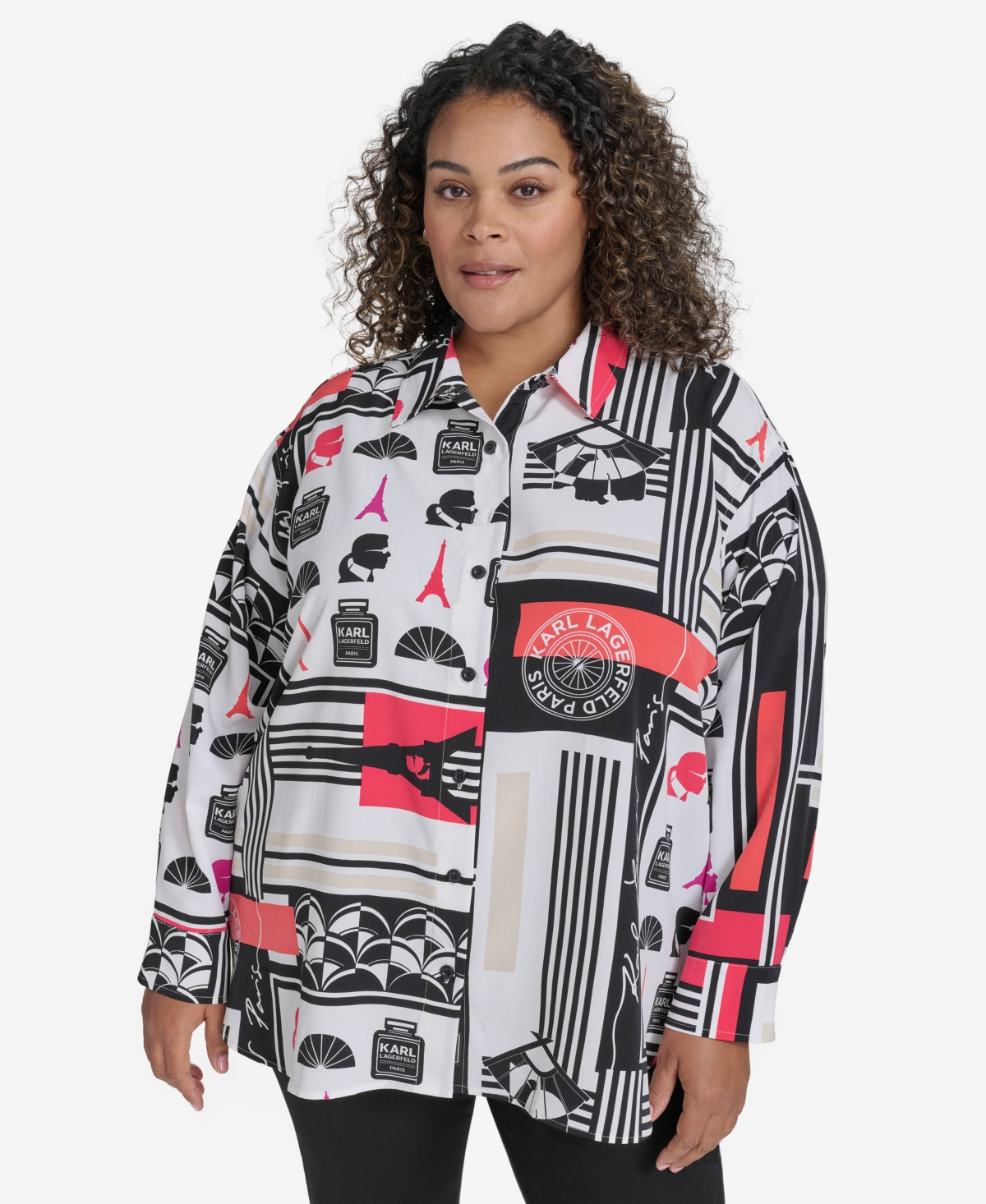 KARL LAGERFELD PLUS SIZE PRINTED COLLARED BUTTON-FRONT SHIRT, EXCLUSIVELY AT MACY'S 