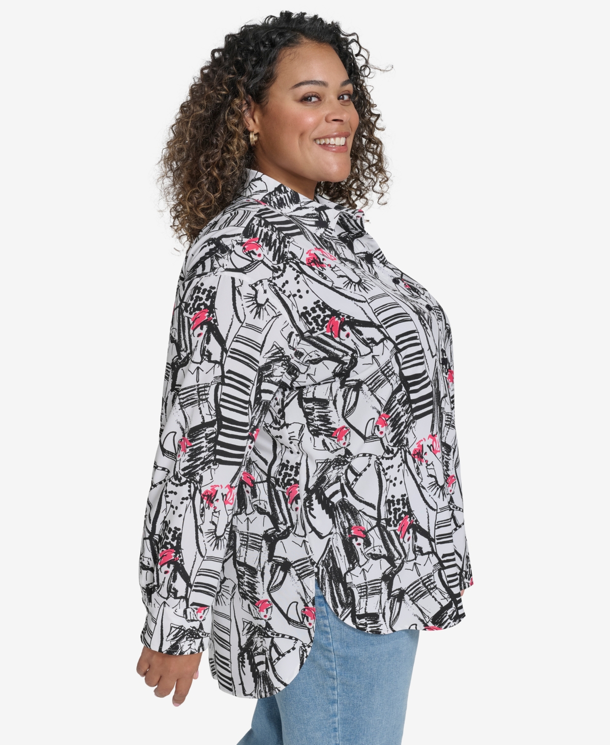 Shop Karl Lagerfeld Plus Size Printed Collared Button-front Shirt, Exclusively At Macy's In Soft White Multi