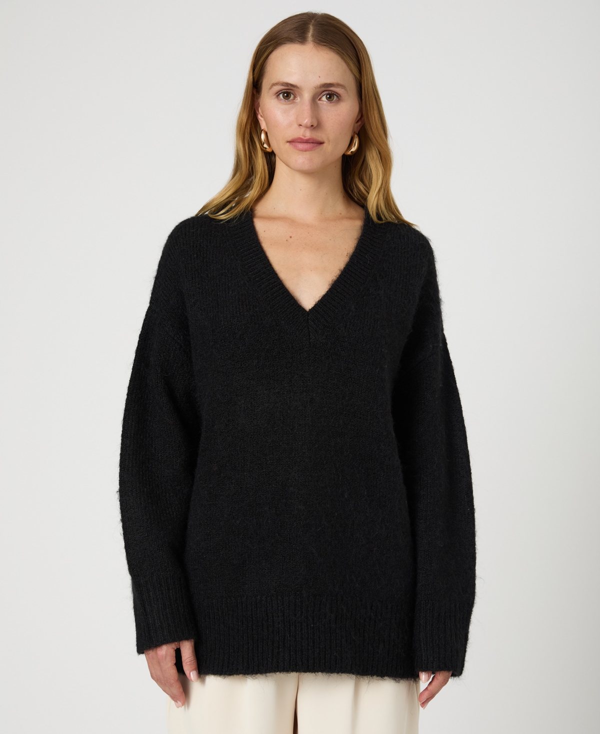Women's Fluffy-Knit V-Neck Sweater - Chocolate