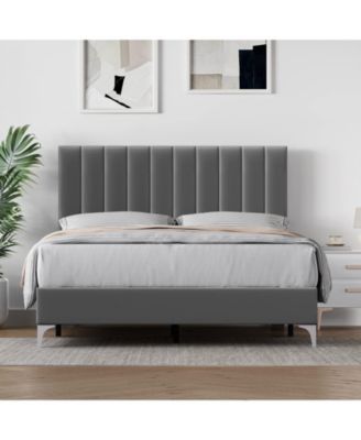 Full Size Bed Frame with Adjustable Headboard, Velvet Upholstered Platform Bed Frame