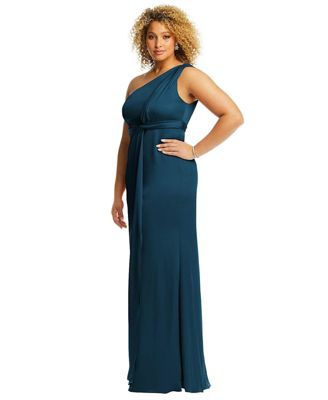 Women's One-Shoulder Draped Twist Empire Waist Trumpet Gown