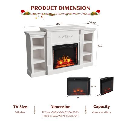 70" TV Stand with 28" Fireplace - 99lb Top, Remote, 4 Flame, 5000 BTU Heat, Timer & Safety