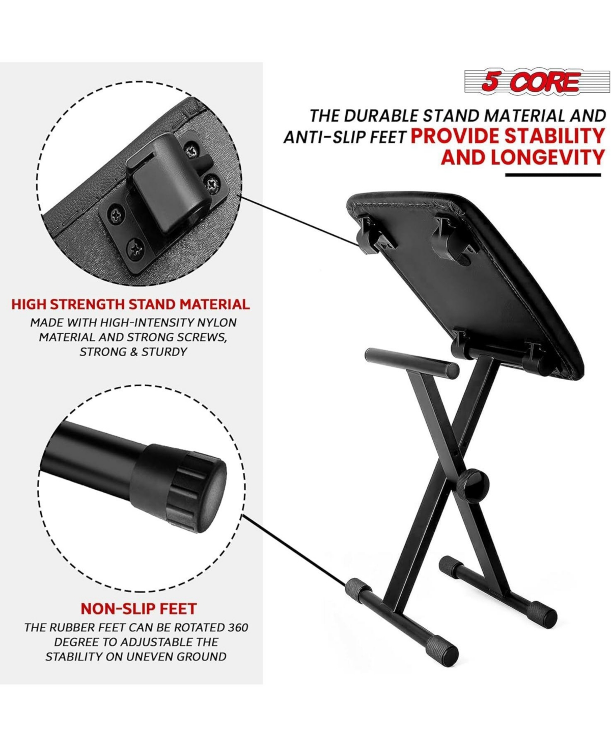 5 Core Keyboard Stand Single X Style Adjustable Piano Riser + Keyboard Piano Bench