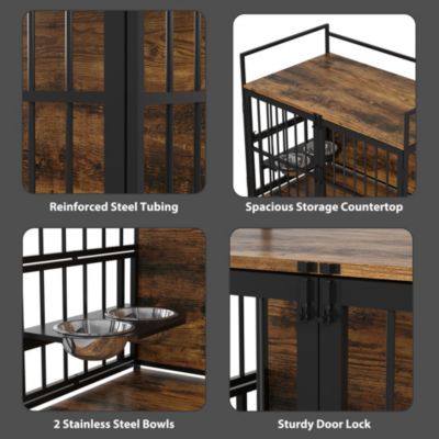 Furniture Style Dog Crate Large Dogs Indoor Heavy Duty Dog Kennels with 2 Stainless Steel Bowls