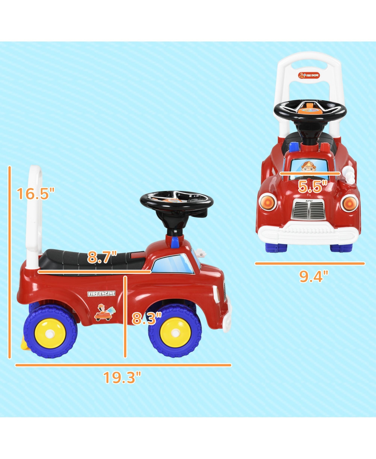 Qaba Toddler Ride on Fire Truck with Music, Horn, Under Seat Storage,