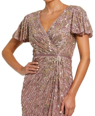 Women's Embellished Faux Wrap Flutter Sleeve Dress