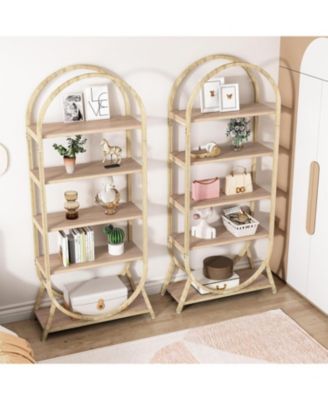 5-Tier Open Bookshelf, 70.8" Tall Arched Bookcase, Modern Brown Metal Frame Storage Bookshelves, Freestanding Display Rack Shelving Unit for Office, Bedroom, Living Room (2PCS)