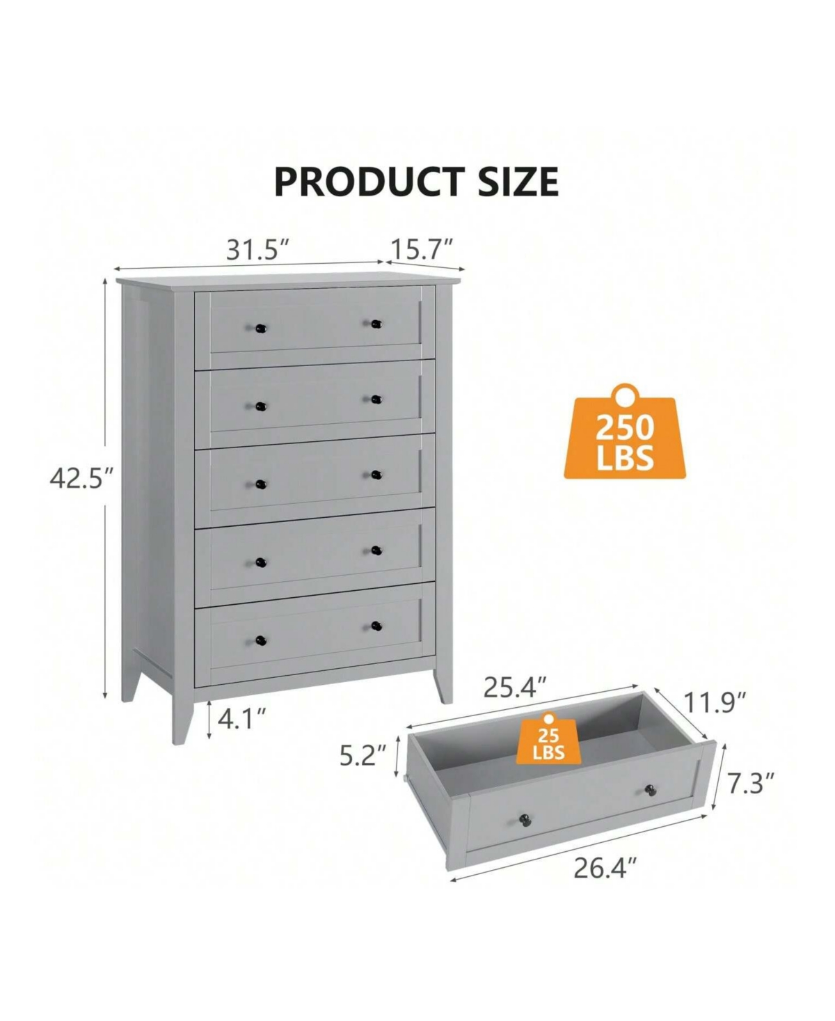 5 Chest Of Drawer Dresser, Modern Tall Nightstand With Deep Drawers And Nickel Round Handle, Wood Organizer Storage Cabinet For Bedroom, Living Room,