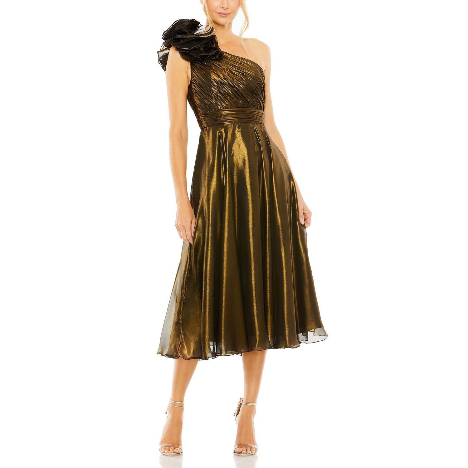 Women's Rosette One Shoulder Tea Length Dress