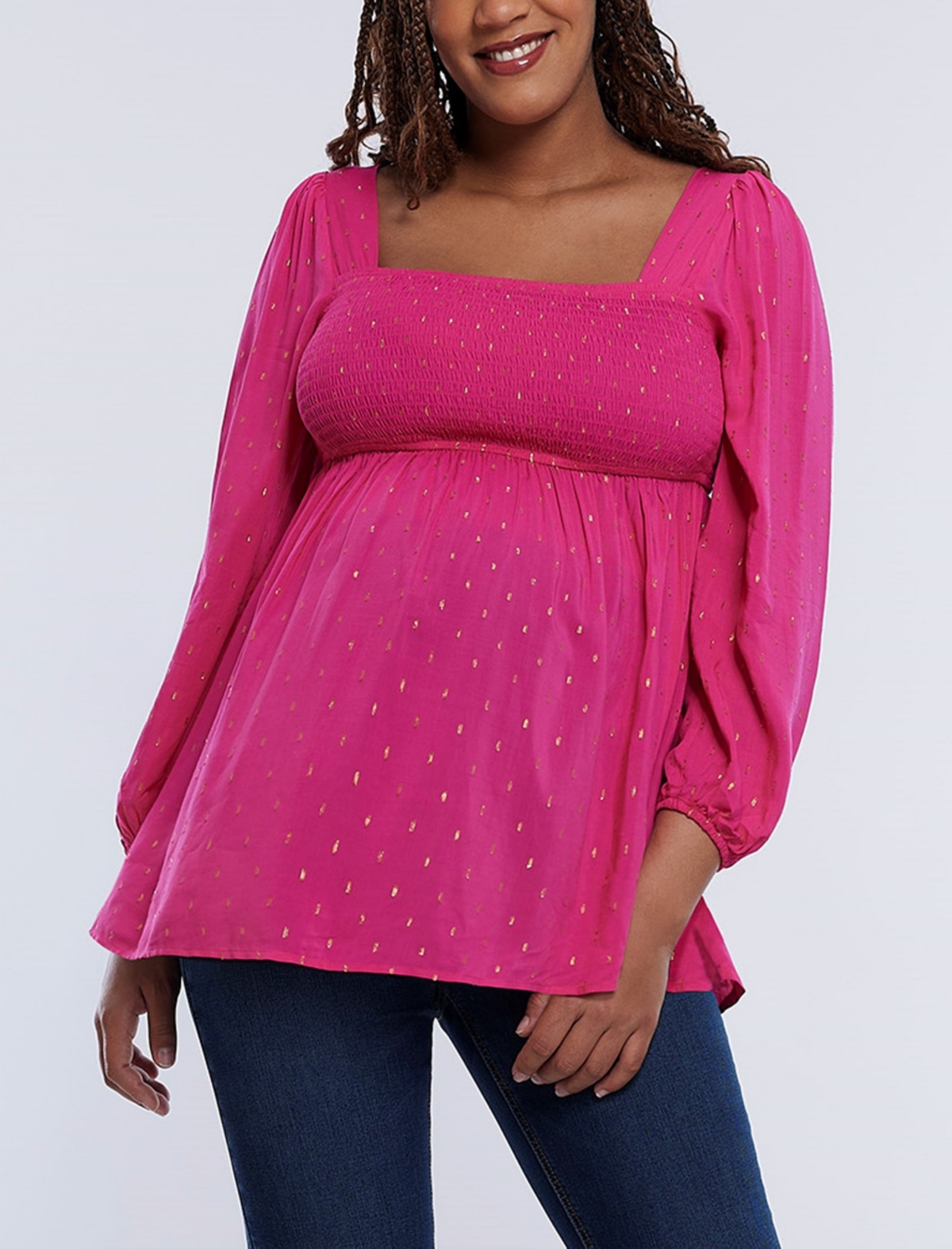 Maternity Smocked Square Neck Long Sleeve Babydoll Top - Motherhood - Black ditsy