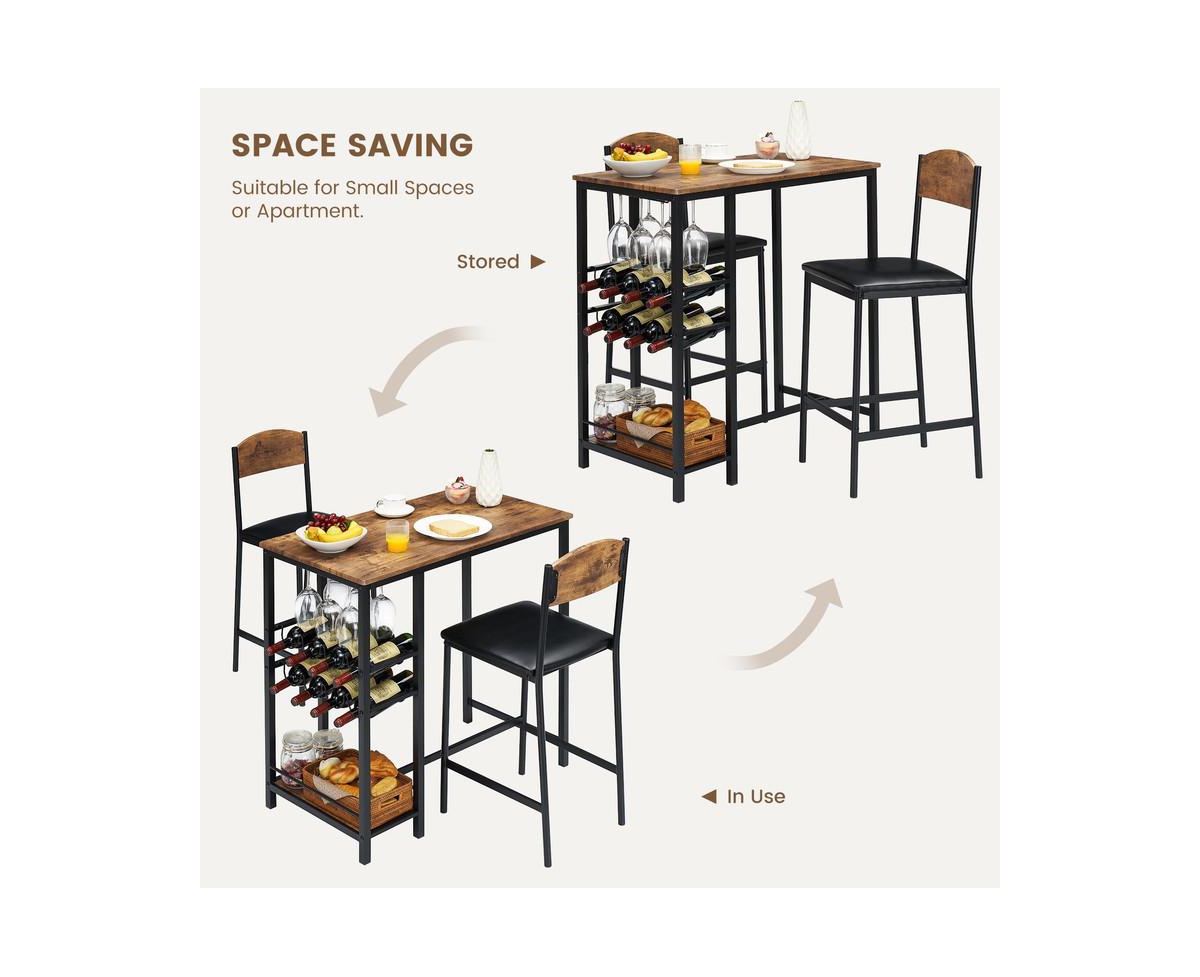 gaomon Dining Table Set for 2, Bar Table and Chairs Set for 2 with Storage Shelf and Wine Rack, Kitchen Table and Chairs for 2 with Upholstered Chairs