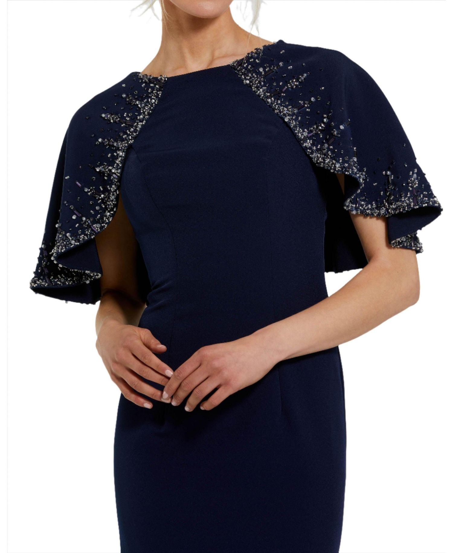Women's Crepe High Neck Fitted Gown With Beaded Shawl