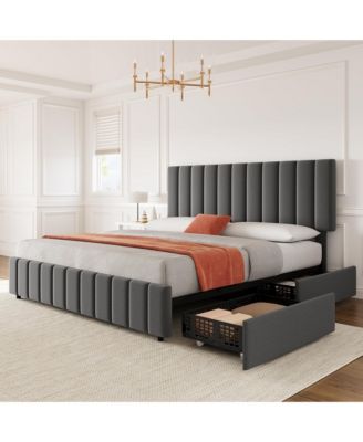 Full Linen Upholstered Platform Bed Frame with 4 Storage Drawers