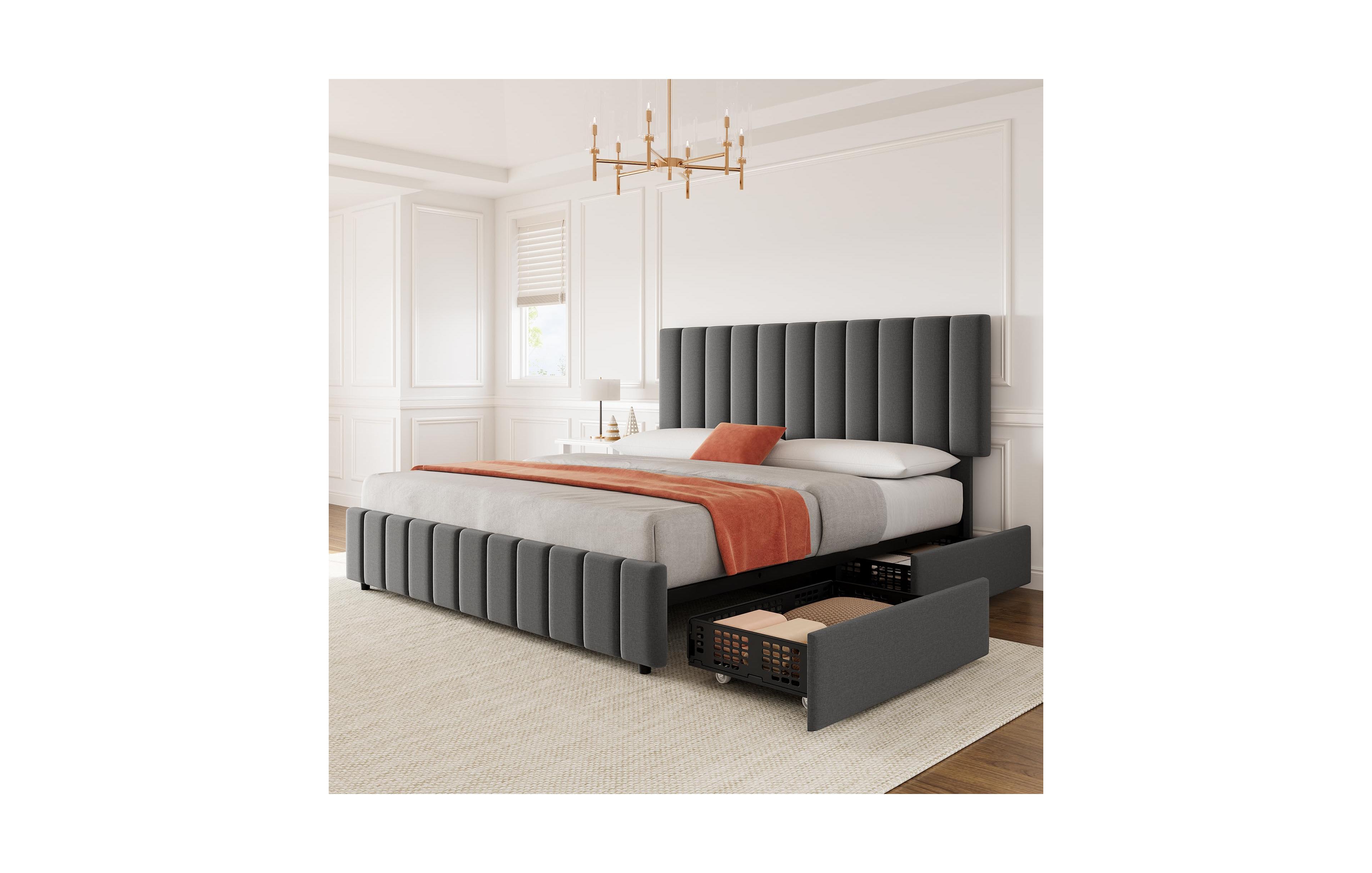 gaomon Full Linen Upholstered Platform Bed Frame with 4 Storage Drawers