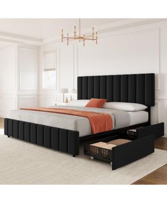 Queen Linen Upholstered Platform Bed Frame with 4 Storage Drawers